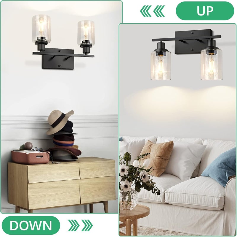 SHINETECH 2-Light Bathroom Vanity Light Fixtures, Modern Wall Lighting with Clear Glass Shade, Matte Black Finished Wall Sconce Lighting for Mirror - Image 5